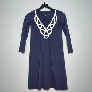 LILLY PULITZER Navy Blue Dress White Roping Detail V-Neck 3/4 Sleeve Size XXS
